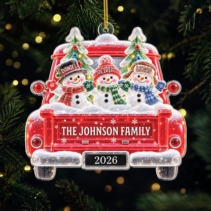 Snowman Family in Red Truck - Personalized Acrylic Ornament for Family Christmas Keepsake