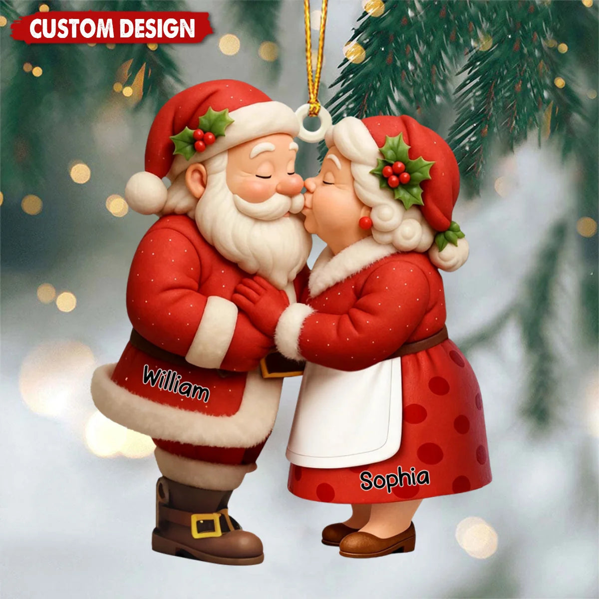 Kissing Santa Couple Personalized Wooden Ornament - Custom Christmas Keepsake Gift