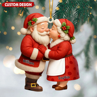 Kissing Santa Couple Personalized Wooden Ornament - Custom Christmas Keepsake Gift