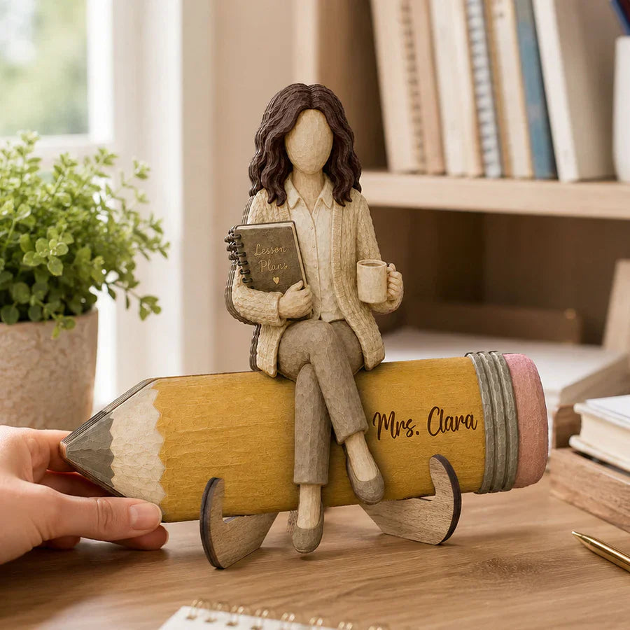 Personalized teacher desk name plate wooden plaque with a teacher sitting on a custom engraved pencil for classroom decor