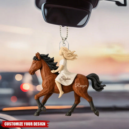 Girl Riding Horse Personalized Acrylic Car Ornament - Custom Equestrian Keepsake