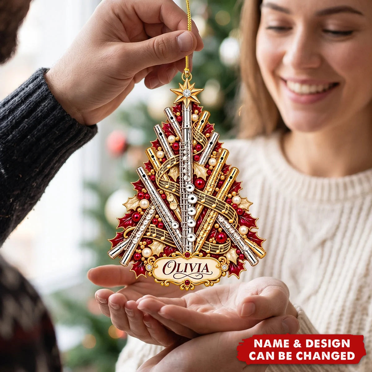 Musical Tree Personalized Flute Wooden Ornament - Flute Player Christmas Keepsake Gift