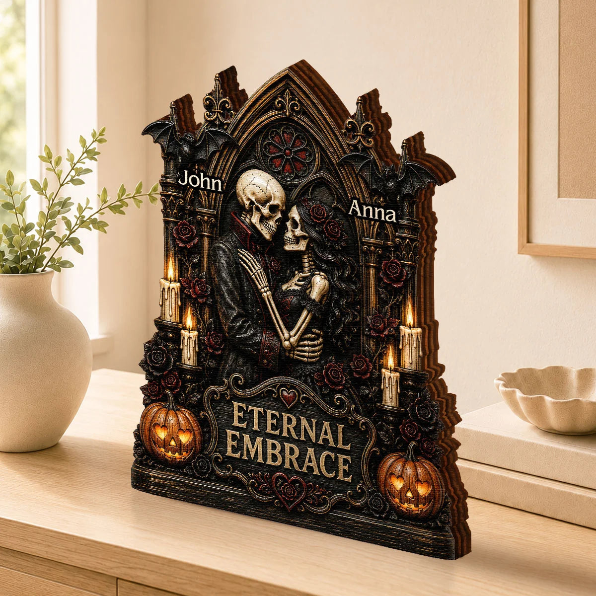 Eternal Embrace Custom Skeleton Couple Wooden Block - Personalized Gothic Anniversary Gift for Husband or Wife