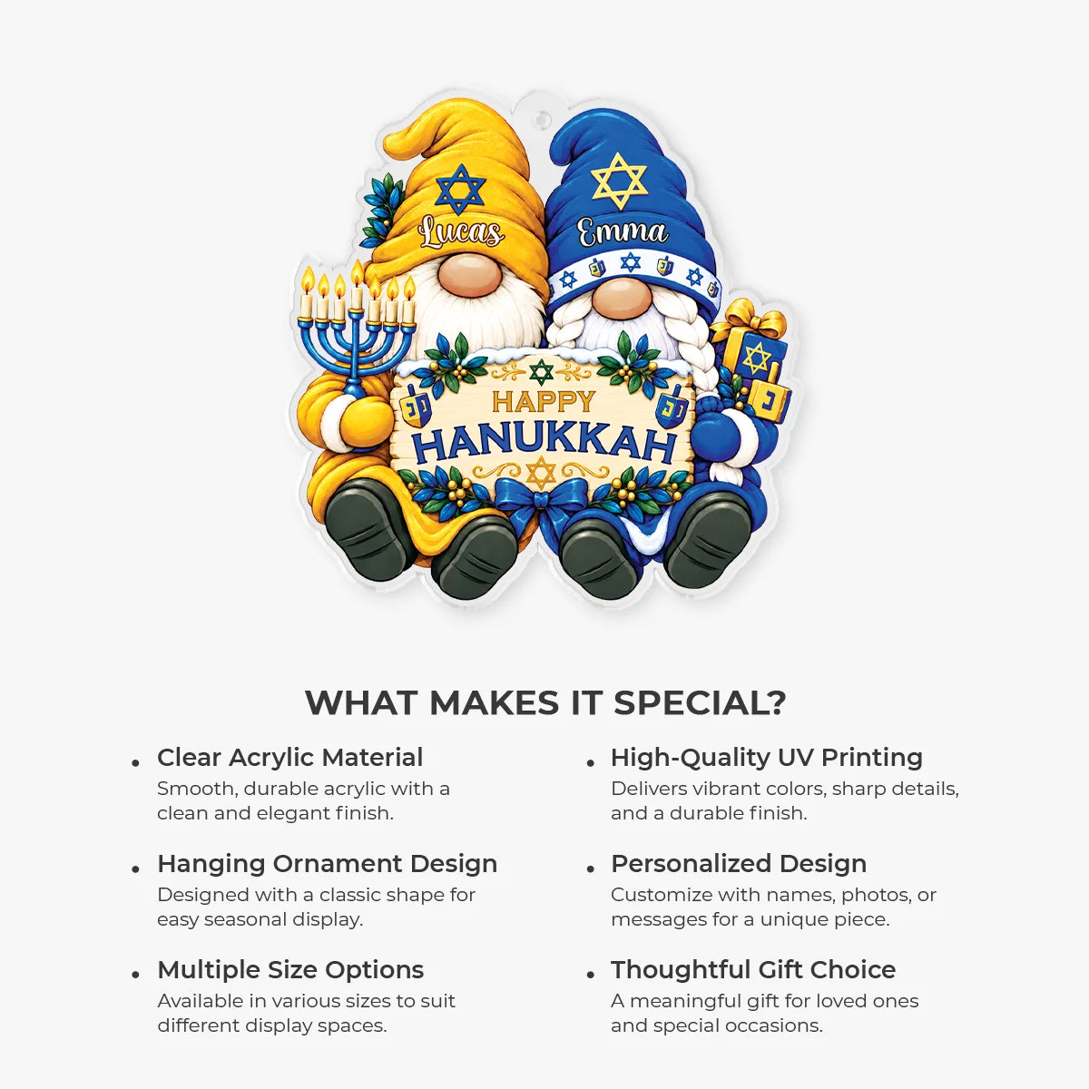 Happy Hanukkah Personalized Gnome Acrylic Ornament - Custom Holiday Keepsake Gift for Couples