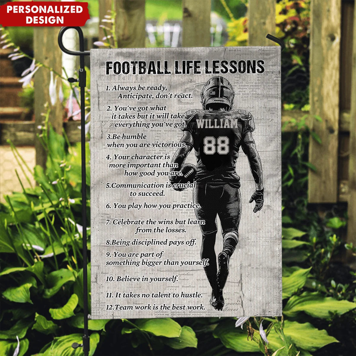 Custom football garden flag with life lessons quote, personalized photo, and name for sports lovers yard decor