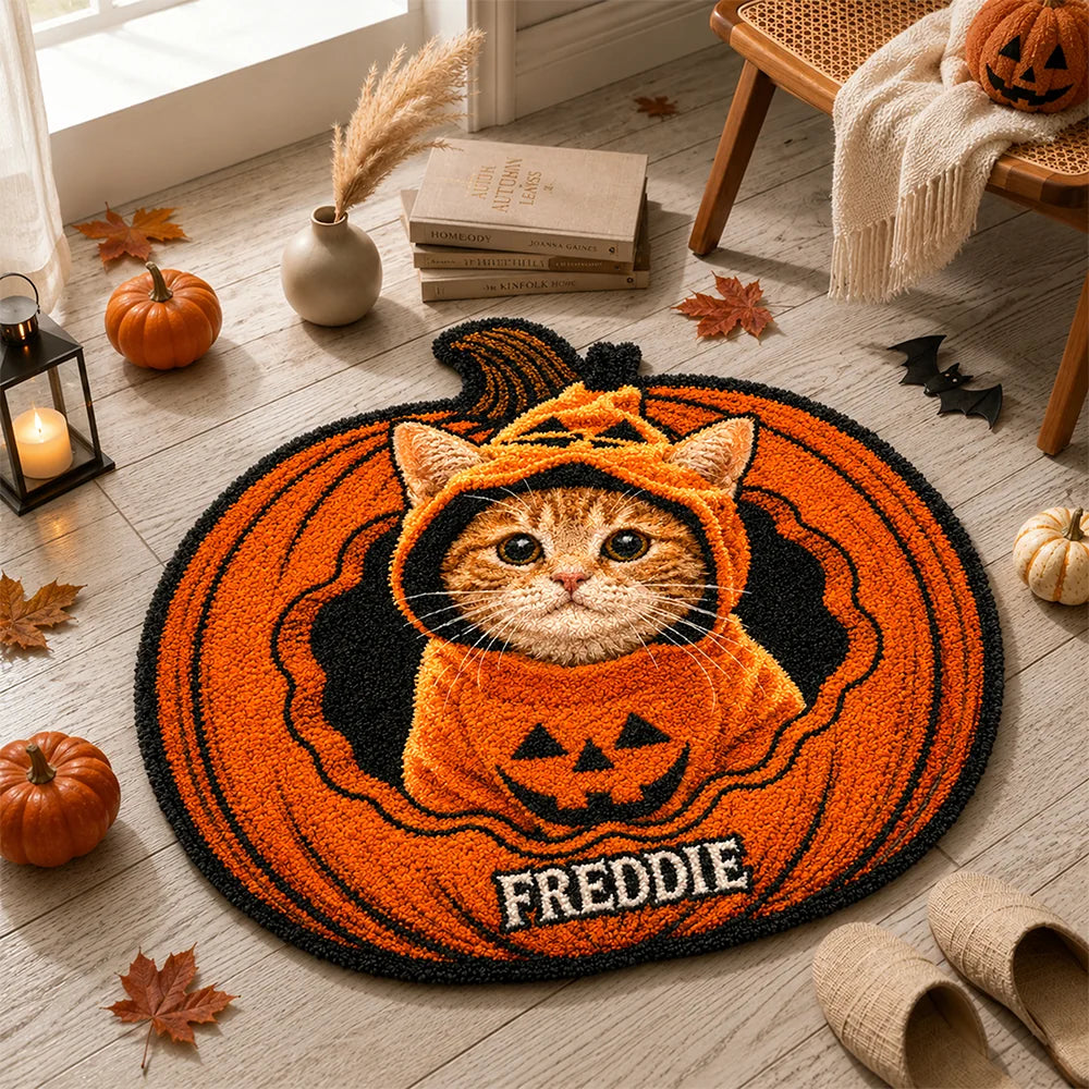 Personalized Dog Cat Halloween Pumpkin Shaped Doormat - Custom Pet Name Accent Mat