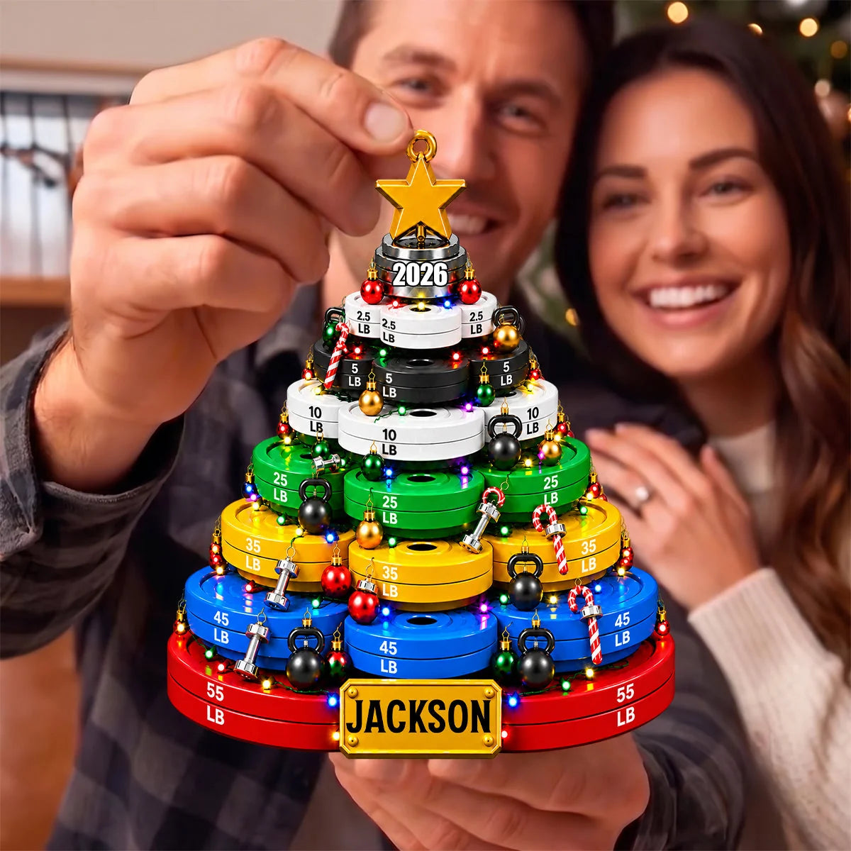 Weight Plate Christmas Tree Wooden Ornament - Personalized Fitness Gift for Gym Lovers, Weightlifters