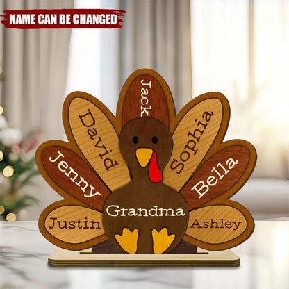 Personalized Thanksgiving Turkey Wooden Plaque - Custom Family Name Gift for Grandma