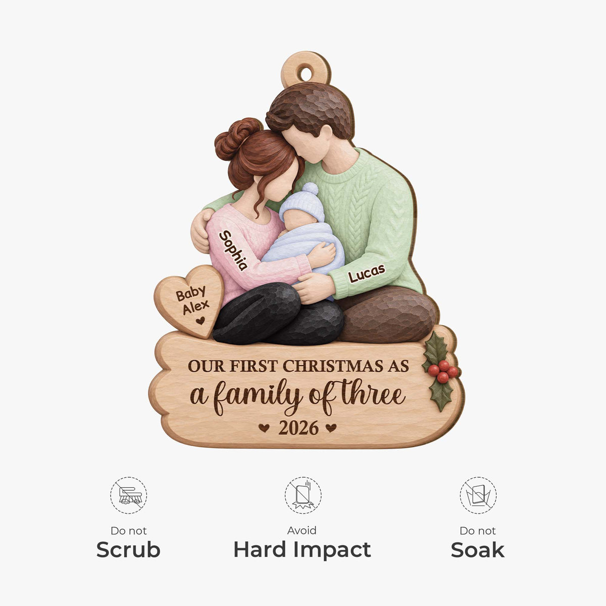 Our First Christmas as a Family of Three - Personalized Wooden Ornament for New Parents