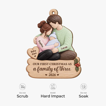 Our First Christmas as a Family of Three - Personalized Wooden Ornament for New Parents