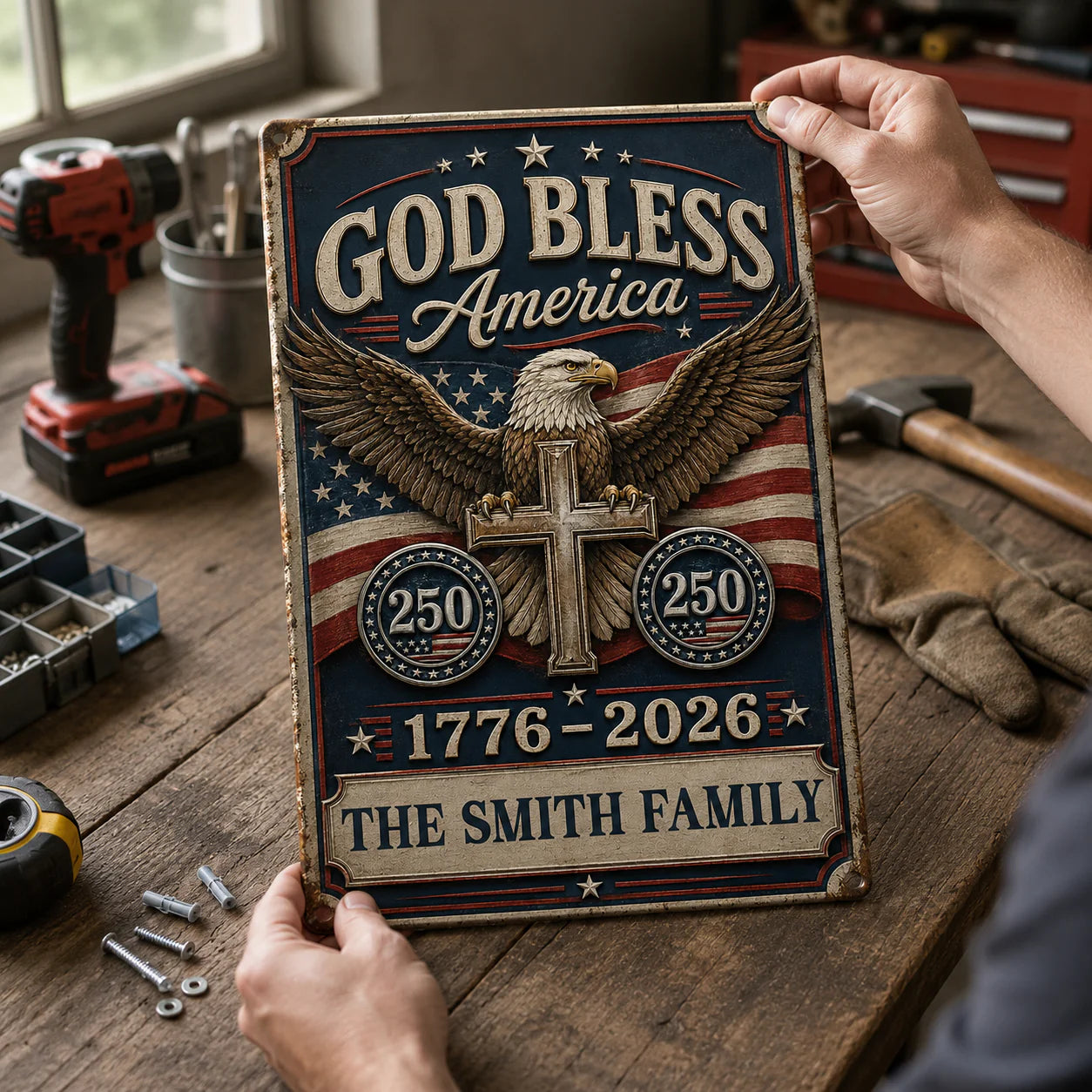 Custom America 250Th Anniversary Metal Sign personalization view for Family