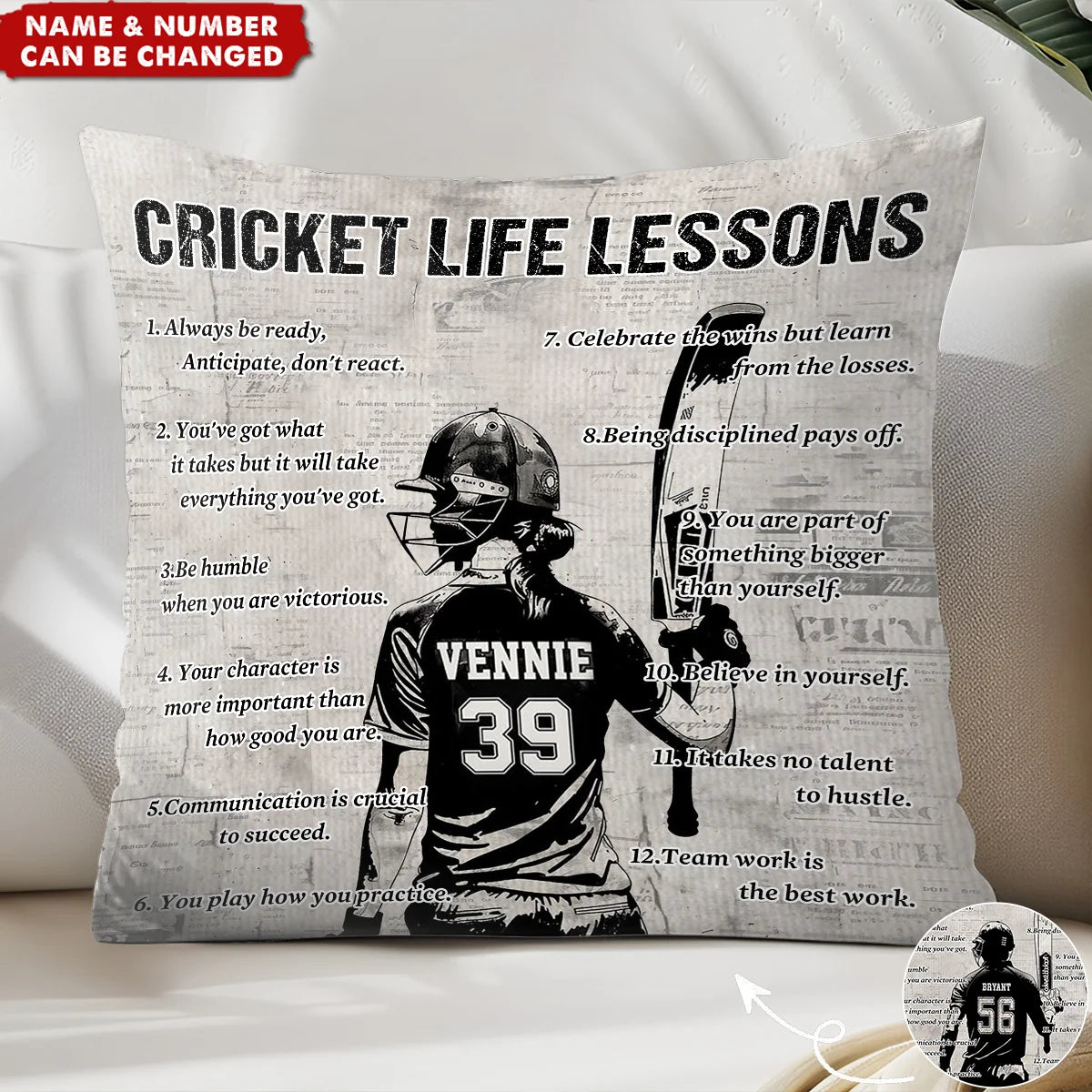 Cricket Life Lessons Personalized Pillow - Custom Name & Number Gift for Cricket Lovers