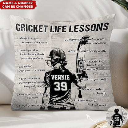 Cricket Life Lessons Personalized Pillow - Custom Name & Number Gift for Cricket Lovers