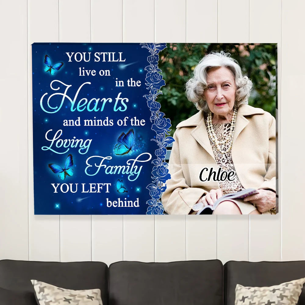 You Still Live On In Our Hearts - Personalized Memorial Photo Canvas / Poster