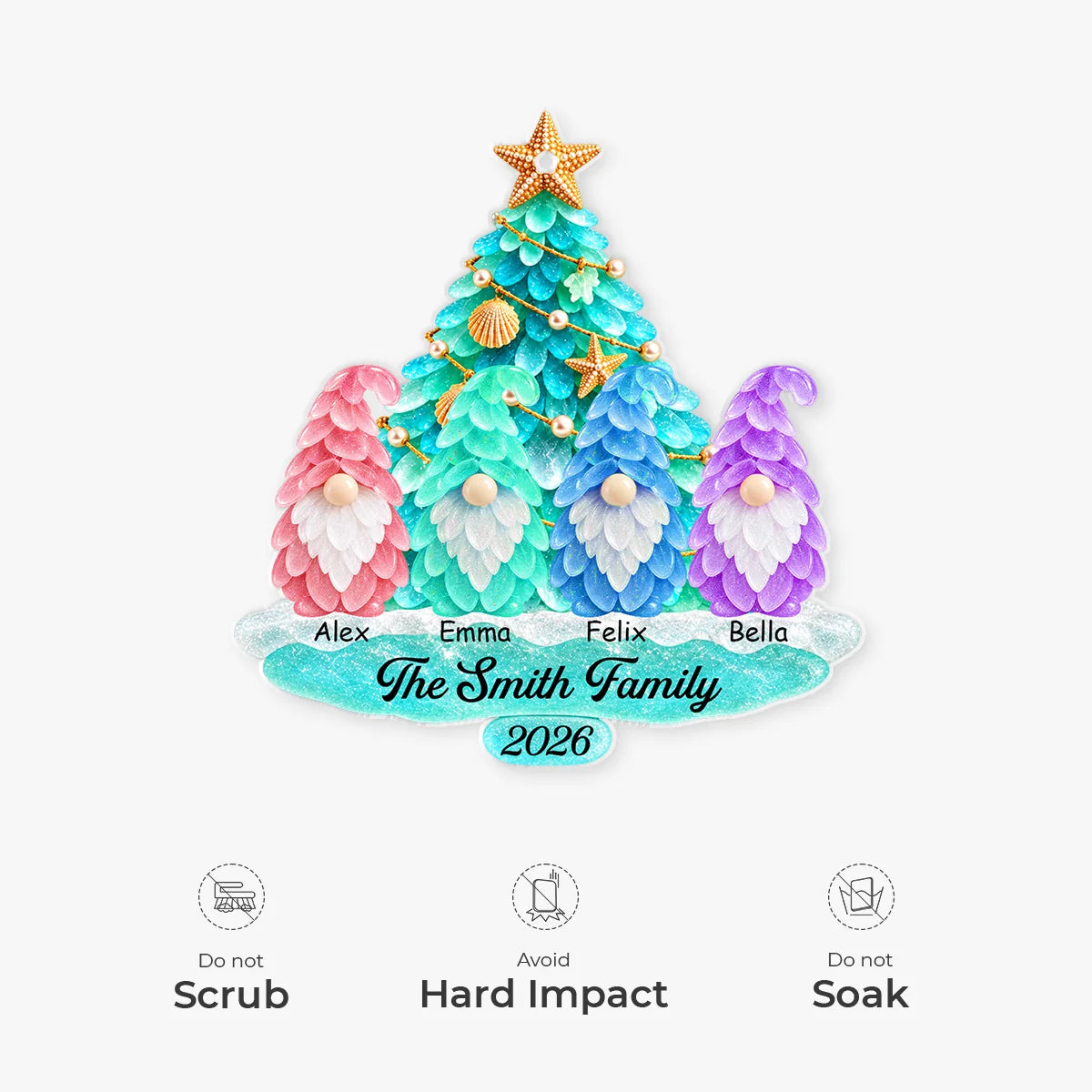Personalized Coastal Gnome Family Acrylic Ornament - Custom Sea Glass Christmas Tree Gift