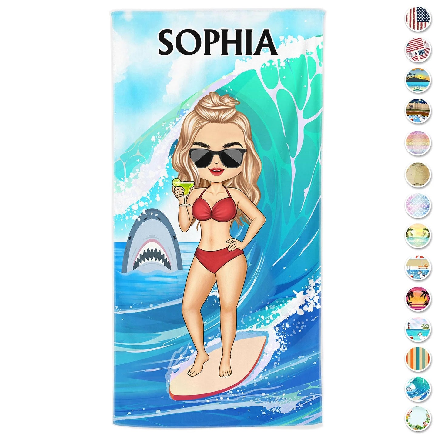 Personalized beach towel with a custom blonde chibi character surfing on a wave next to a shark illustration