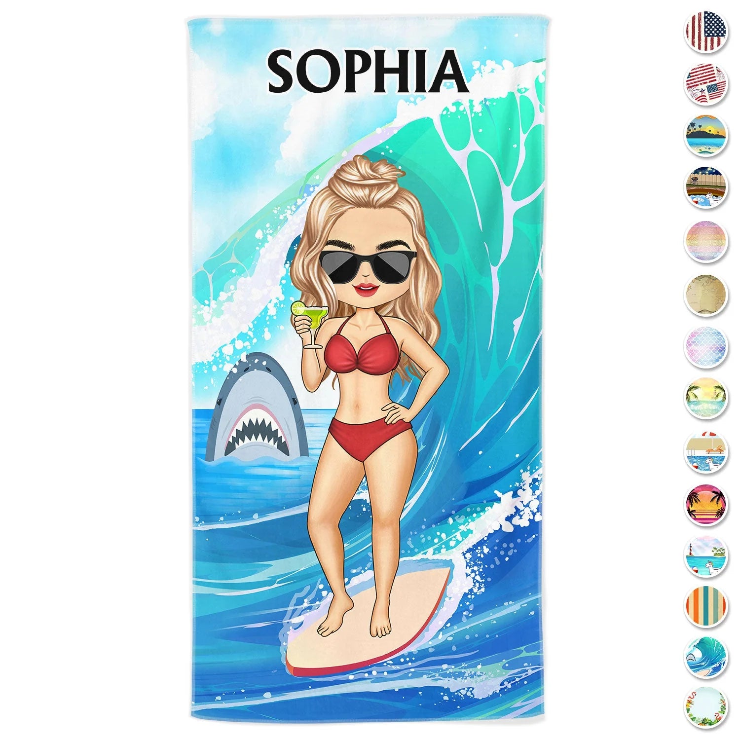 Personalized beach towel with a custom blonde chibi character surfing on a wave next to a shark illustration