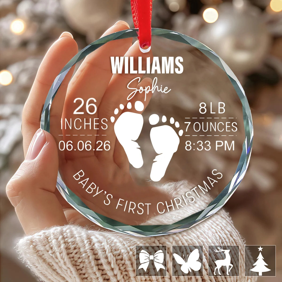 Baby's First Christmas Glass Ornament - Custom Newborn Birth Announcement Keepsake Gift