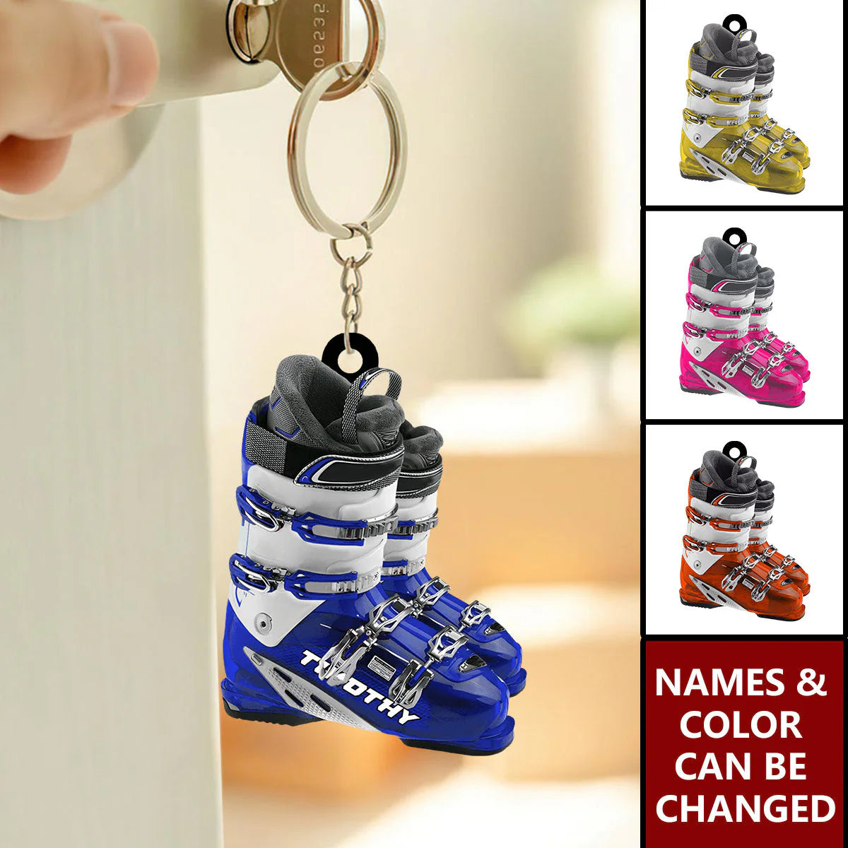 Custom ski boots keychain featuring a personalized name and vibrant blue color design for winter sports lovers.
