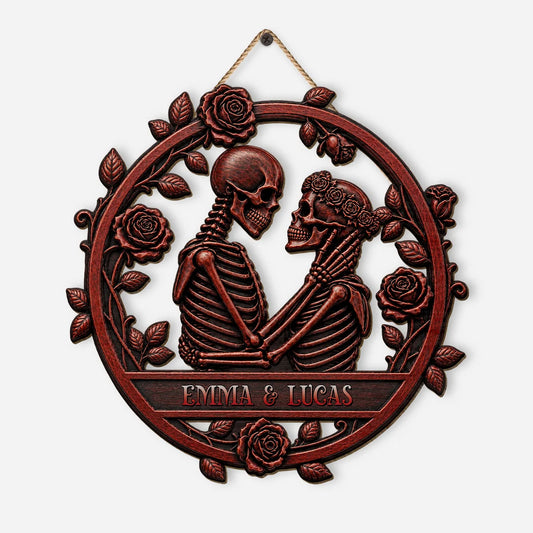 Skeleton Couple Rose Wreath Personalized Wood Sign - Custom Gothic Wedding Halloween Gift for Couples
