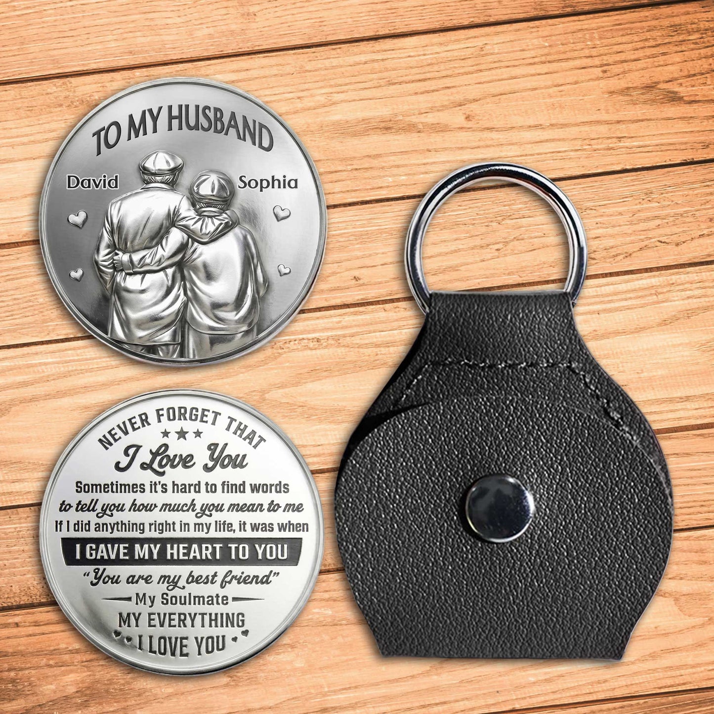 Keychain material and size view - Personalized Husband Pocket Hug