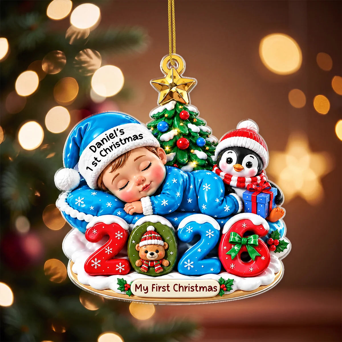 "Sleeping Baby My First Christmas" Personalized Acrylic Ornament - Keepsake for Newborn
