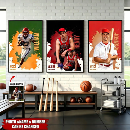 Custom sports canvas wall art featuring personalized athlete photos and custom names for youth sports players bedroom decor