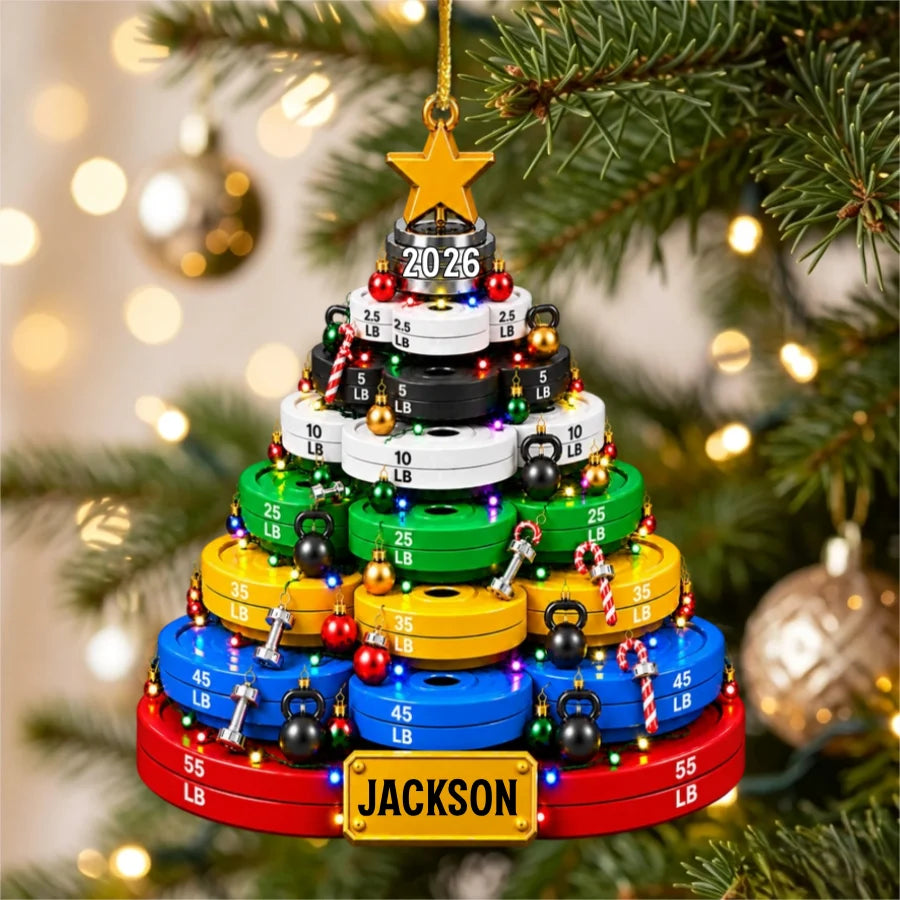 Weight Plate Christmas Tree Wooden Ornament - Personalized Fitness Gift for Gym Lovers, Weightlifters