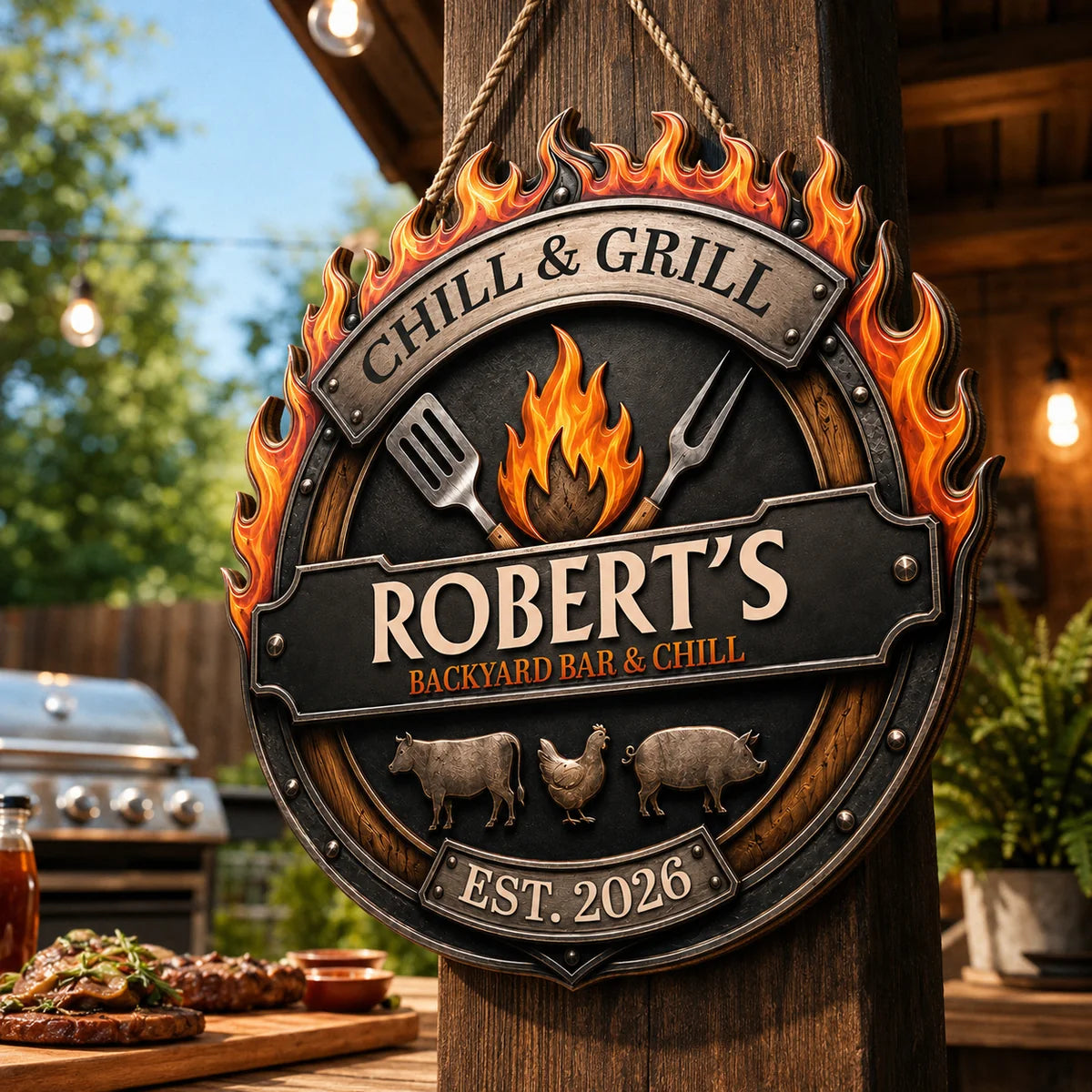 Chill & Grill Backyard Bar Personalized Wood Sign - Custom BBQ Grill Master Gift for Dad