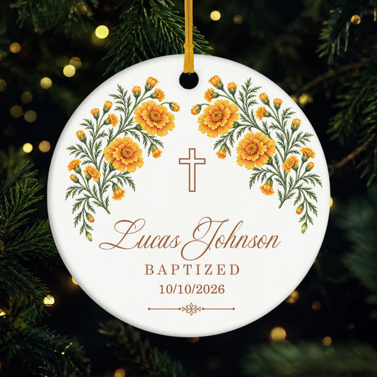 Floral Cross Personalized Baptism Ceramic Ornament - Kids Custom Christening Keepsake