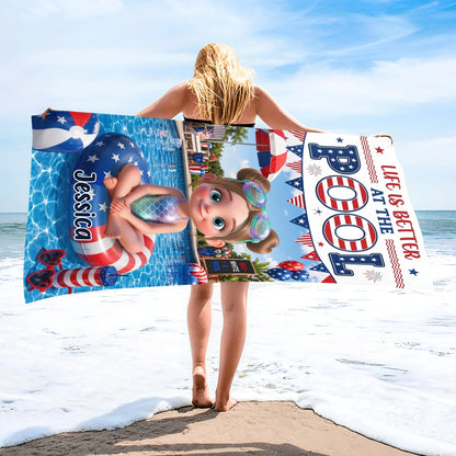 Towel material and size view - Personalized Patriotic Girl Pool Beach Towel