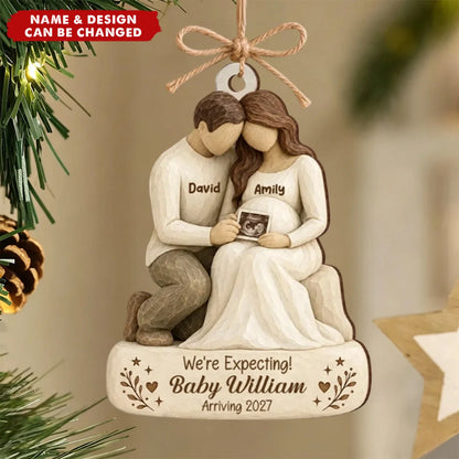 Personalized We’re Expecting Baby Arriving Wooden Ornament Custom Name - Gift for Expectant Parents