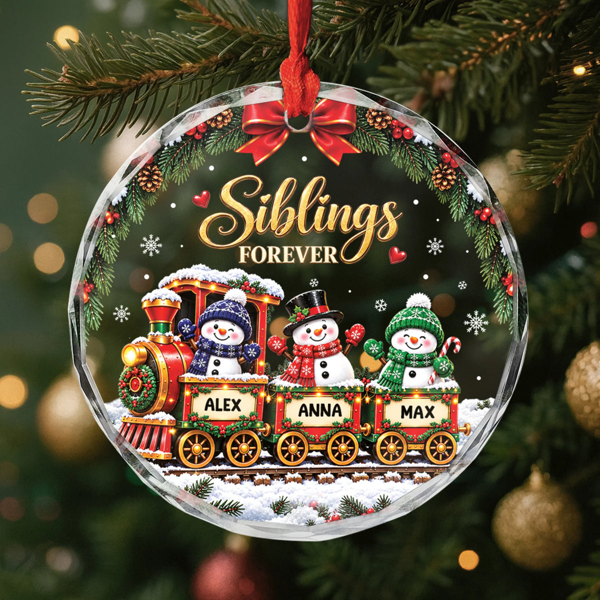"Family Forever" Personalized Snowman Train Glass Ornament - Christmas Gift for Family