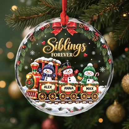 "Family Forever" Personalized Snowman Train Glass Ornament - Christmas Gift for Family