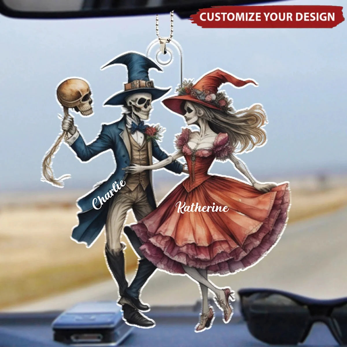 Spooky Dancing Witch Skeleton Couple - Personalized Acrylic Car Ornament for Lovers