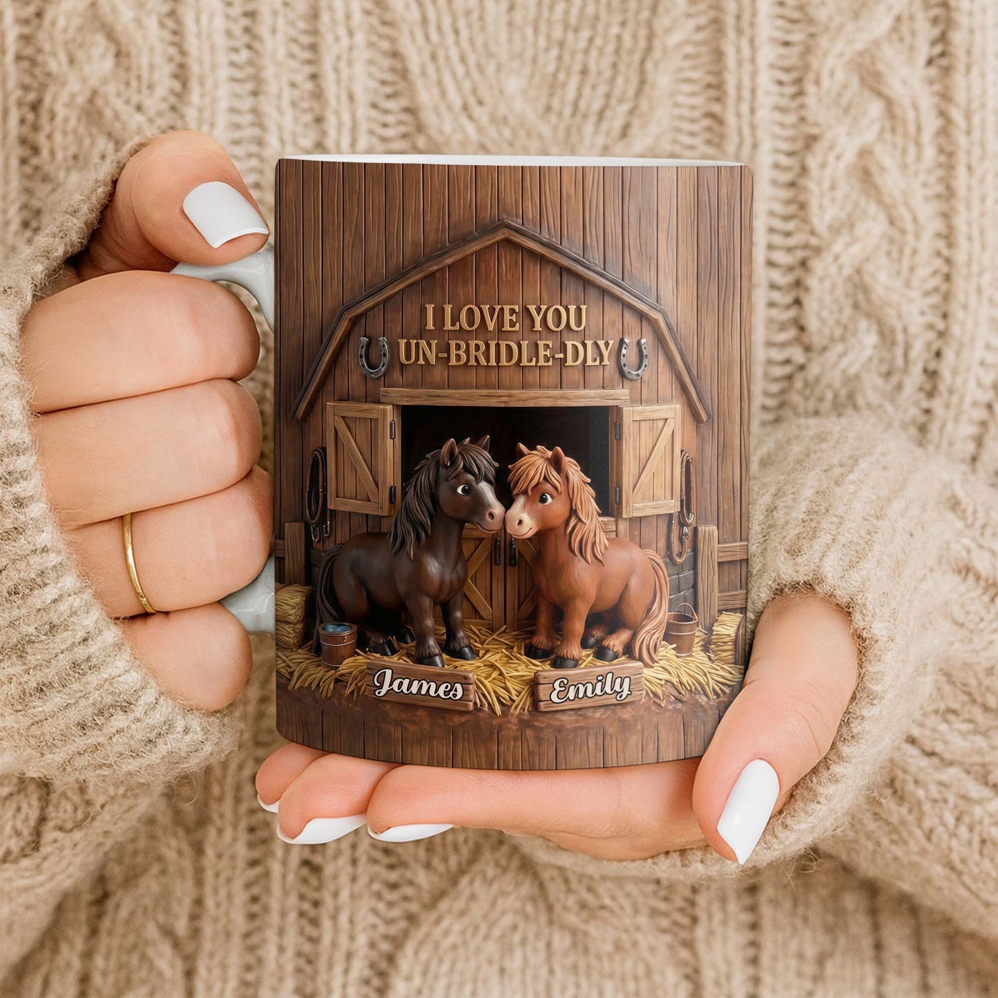 Personalized horse lovers mug with cute barn design and custom names for couples image 9