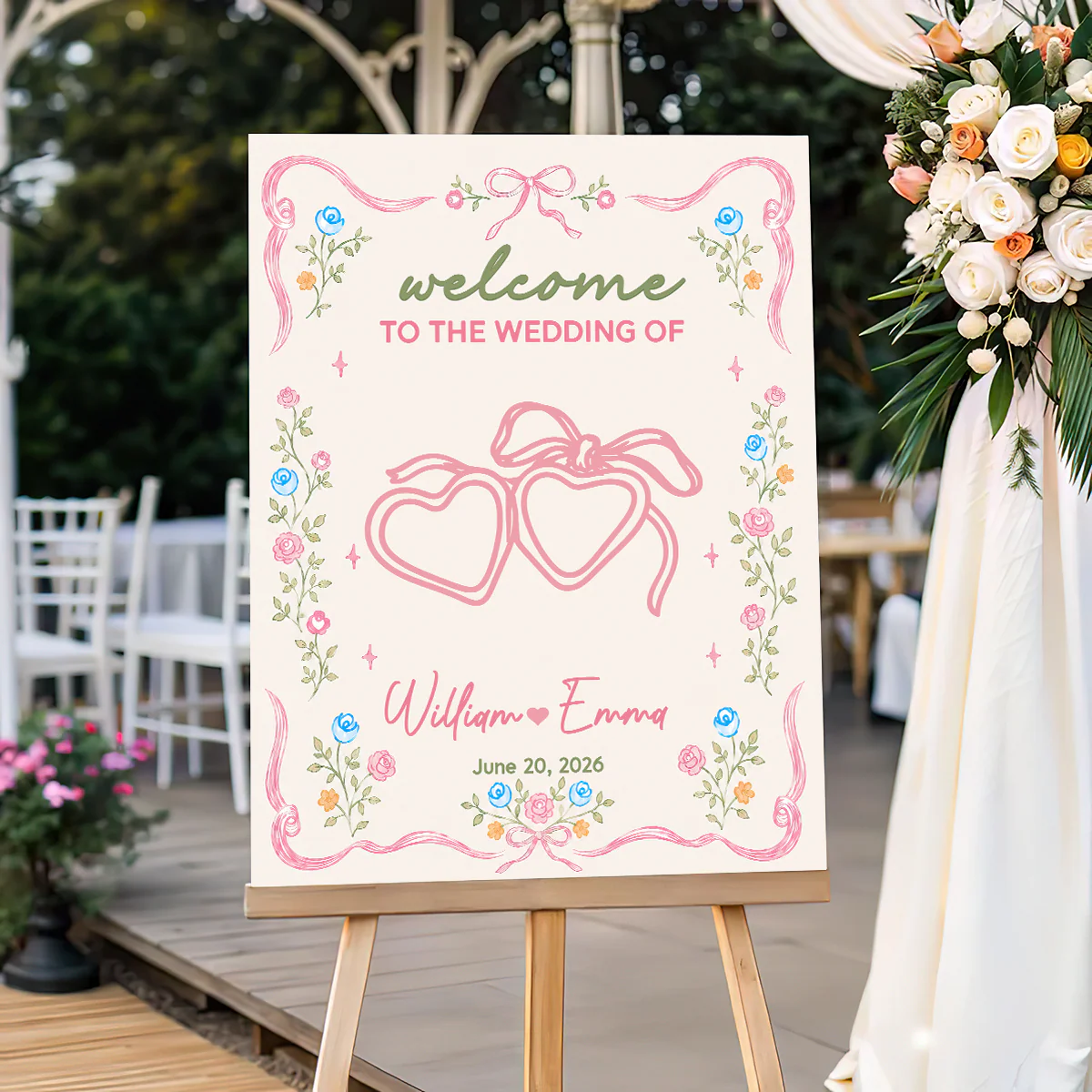 Custom wedding welcome sign canvas with elegant floral borders and personalized couple names