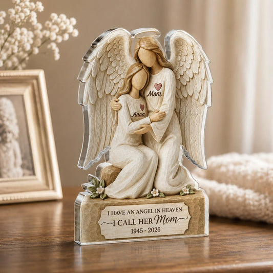 Personalized sympathy plaque featuring an angel in heaven quote, a custom shape acrylic plaque memorial gift for loss of mom