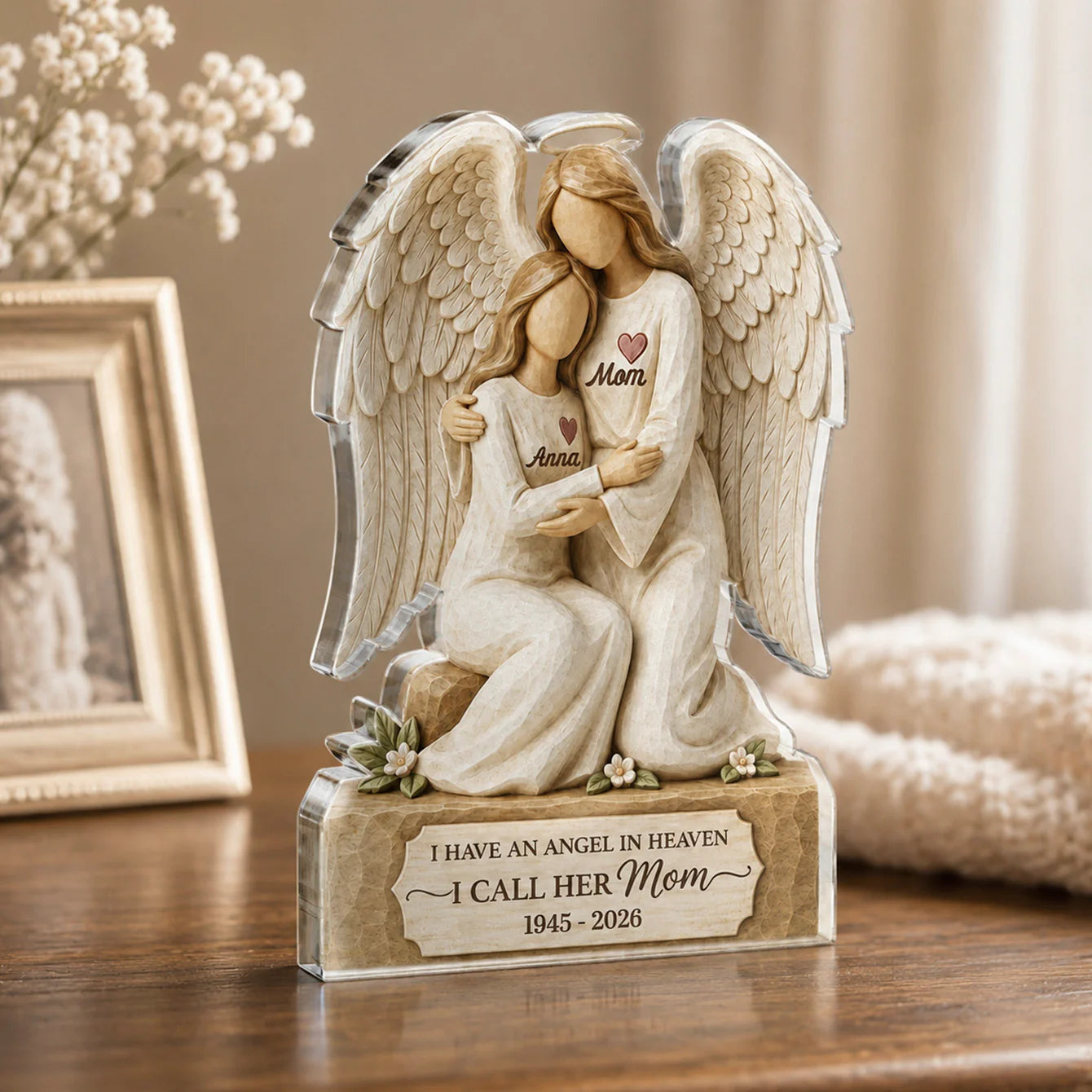 Personalized sympathy plaque featuring an angel in heaven quote, a custom shape acrylic plaque memorial gift for loss of mom