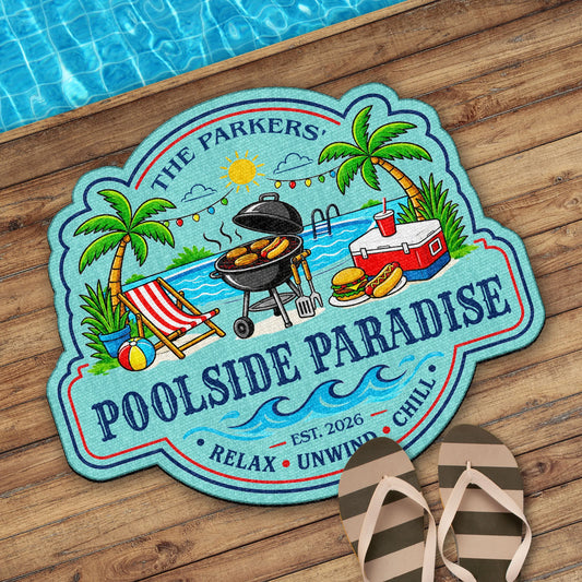 Custom Poolside Paradise doormat featuring palm trees and BBQ grill for family patio decor