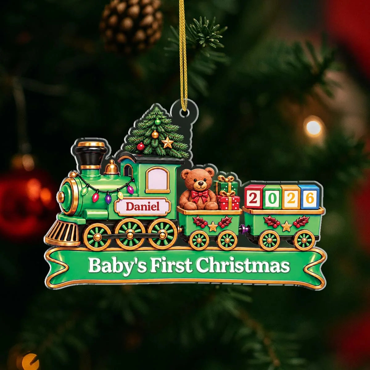 "Baby's First Christmas" Train Personalized Acrylic Ornament - Holiday Keepsake for New Baby