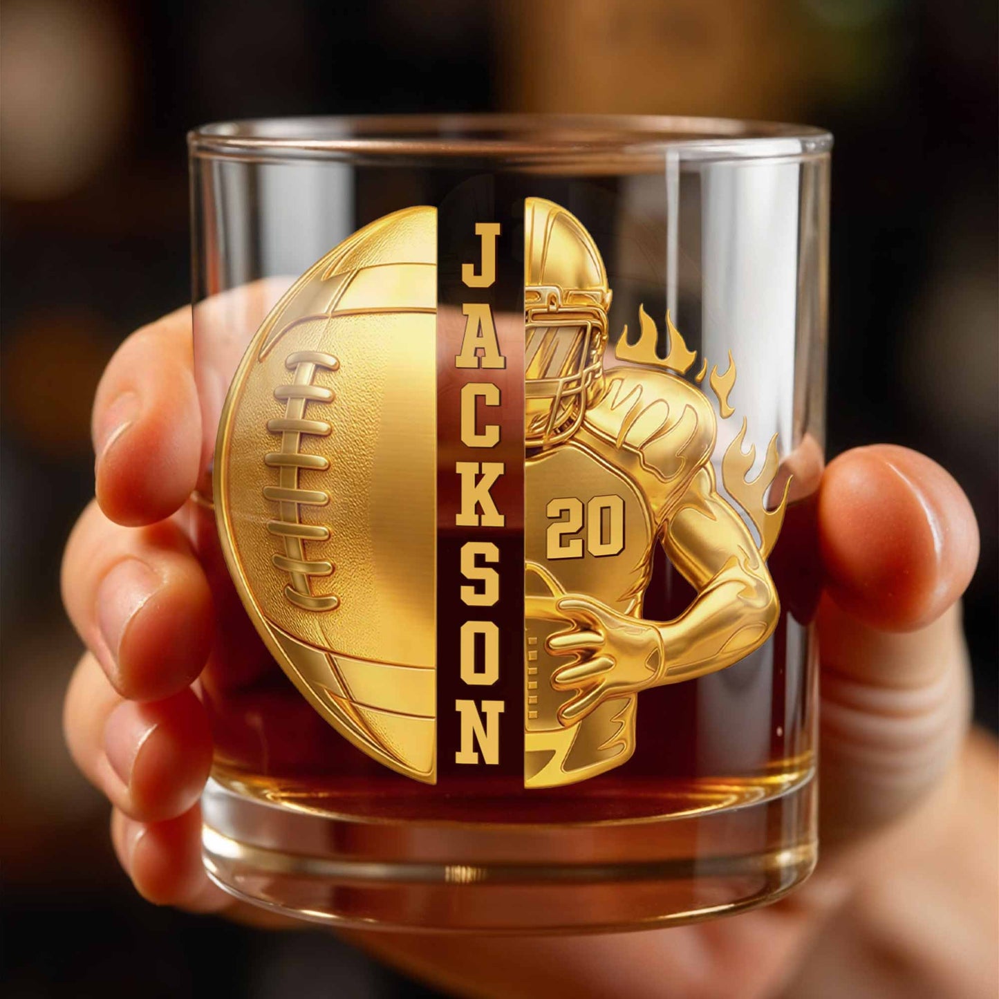 Personalized football whiskey glass with faux 3D golden player design and custom name image 6