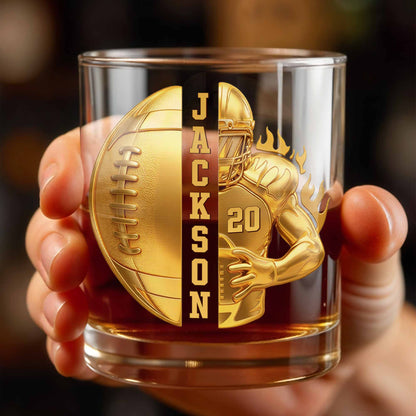 Personalized football whiskey glass with faux 3D golden player design and custom name image 6