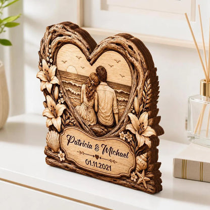 Beach Sunset Couple Heart Personalized Wooden Block - Keepsake Gift for Wife or Husband