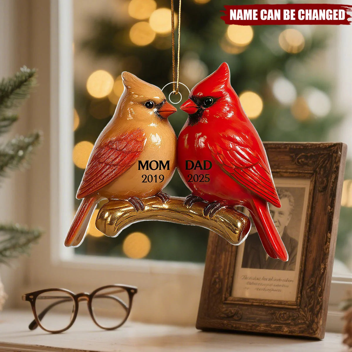 Vintage Cardinals Personalized Memorial Acrylic Ornament - Mom and Dad Keepsake