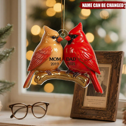 Vintage Cardinals Personalized Memorial Acrylic Ornament - Mom and Dad Keepsake