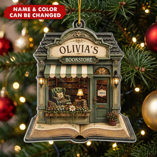 Custom Bookstore Name Acrylic Ornament - Personalized Christmas Tree Gift for Book Lovers