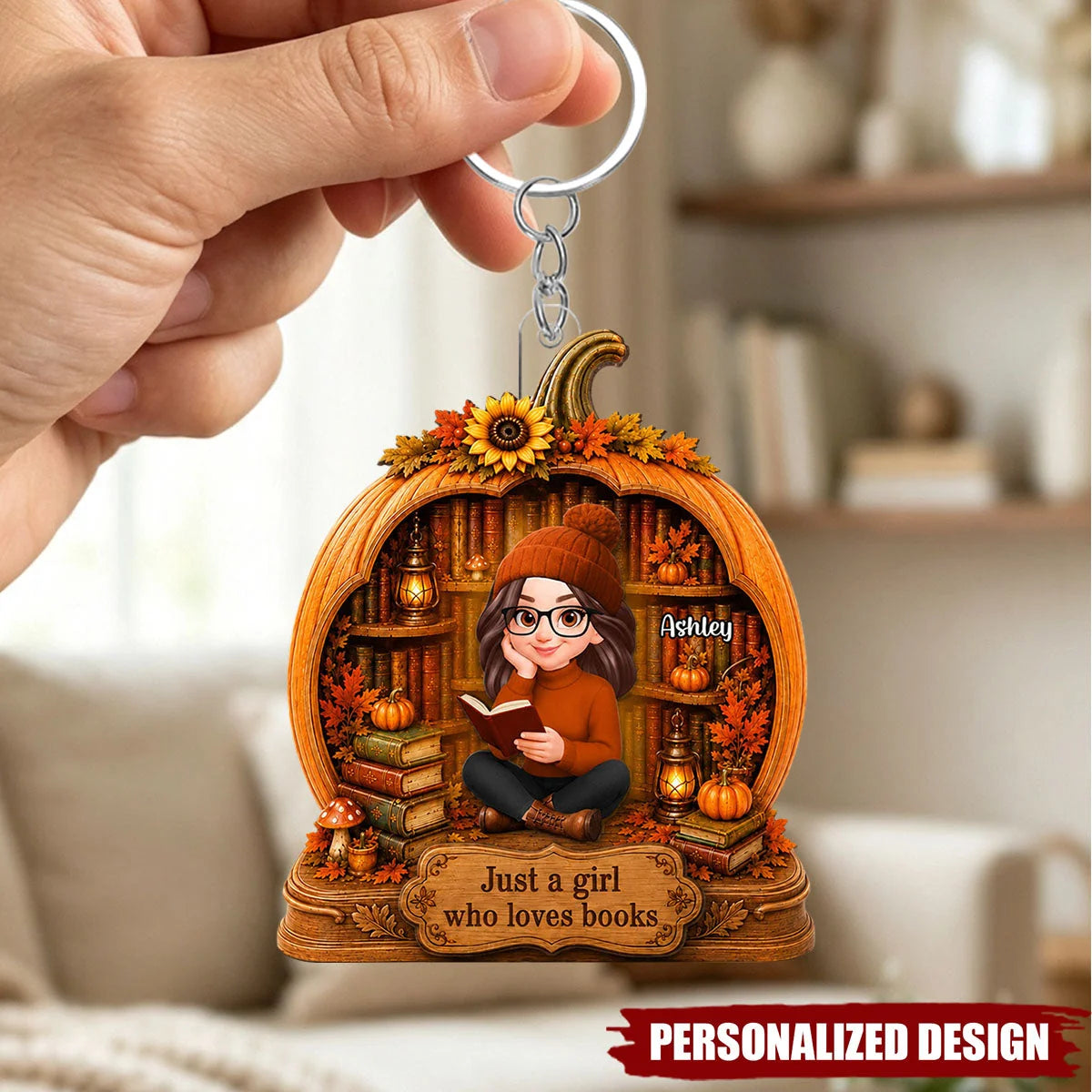 "Just a Girl Who Loves Books" Personalized Book Lover Keychain - Custom Fall Pumpkin Gift