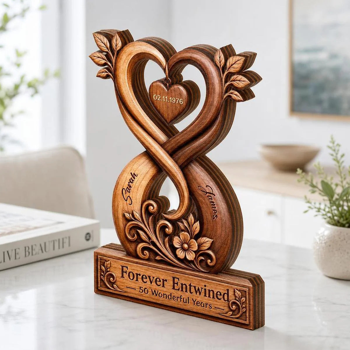Forever Entwined Infinity Heart Personalized Wooden Block - Anniversary Keepsake for Couples