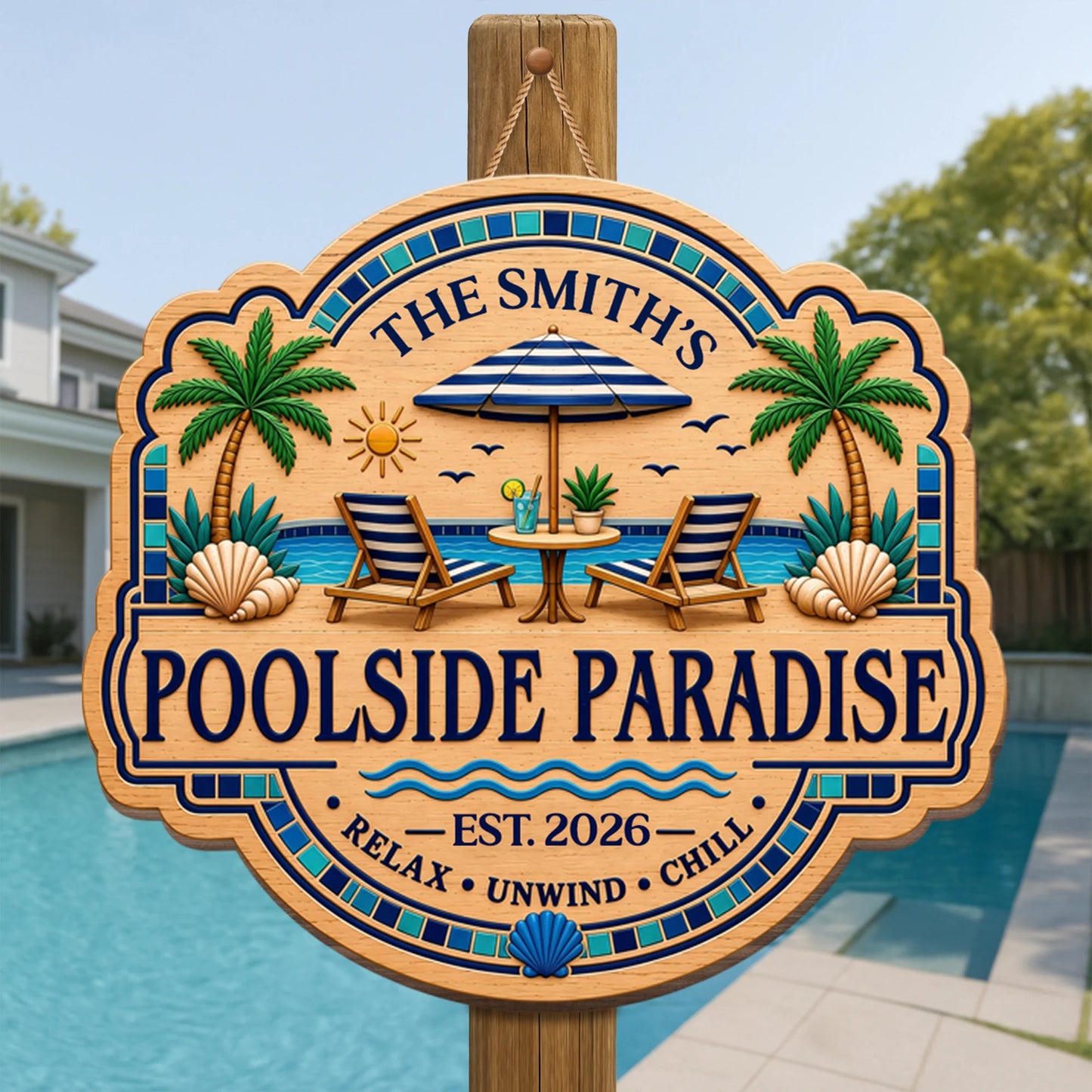 Custom Poolside Paradise Wood Sign for Couples with personalized design details for meaningful gifting